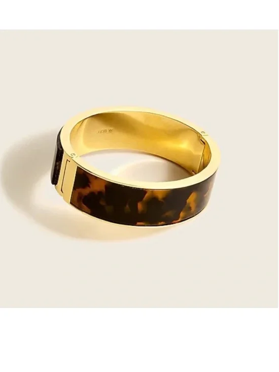 J Crew Tortoiseshell Resin Hinged Bangle with Gold Tone Trim - Picture 2 of 4
